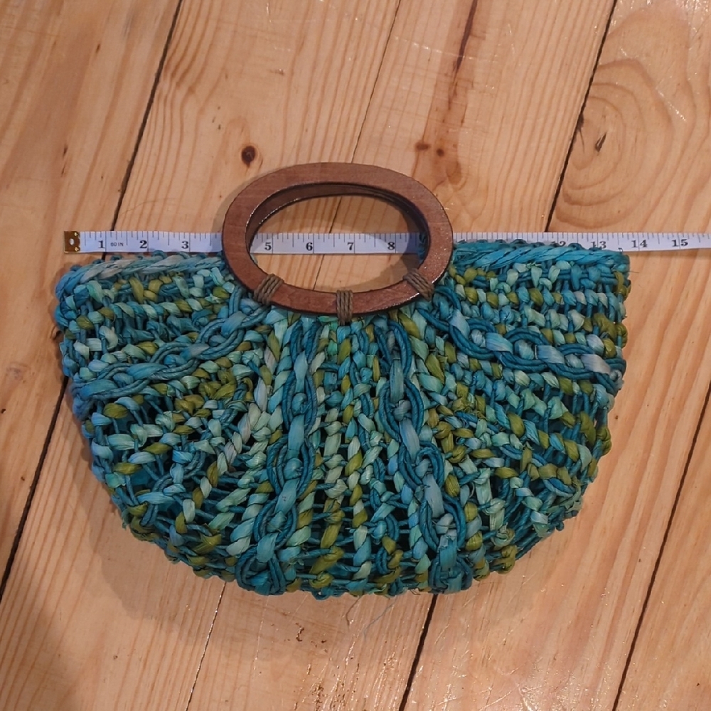 Coldwater Creek Teal Knit Clutch with Wooden Handle